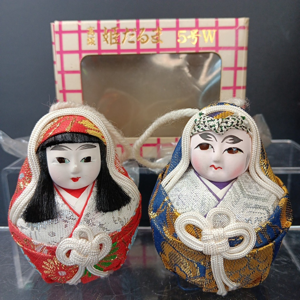 Japanese Dolls Bisque-Shaped Man Woman Vintage Wedding Couple W/ Orig Box Bauble